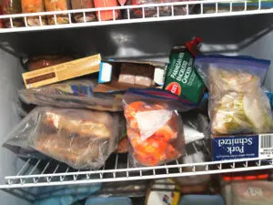Close up image of a refrigerator with foods